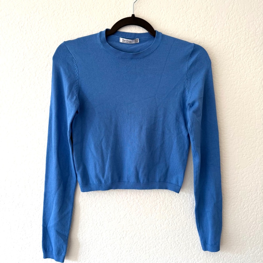 Bershka Cropped Sweater Women XS Blue Knit Crewneck Long Sleeve Casual